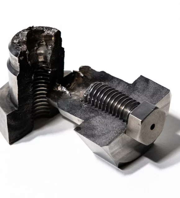 Product shot showing the inside of an explosive bolts with a white background