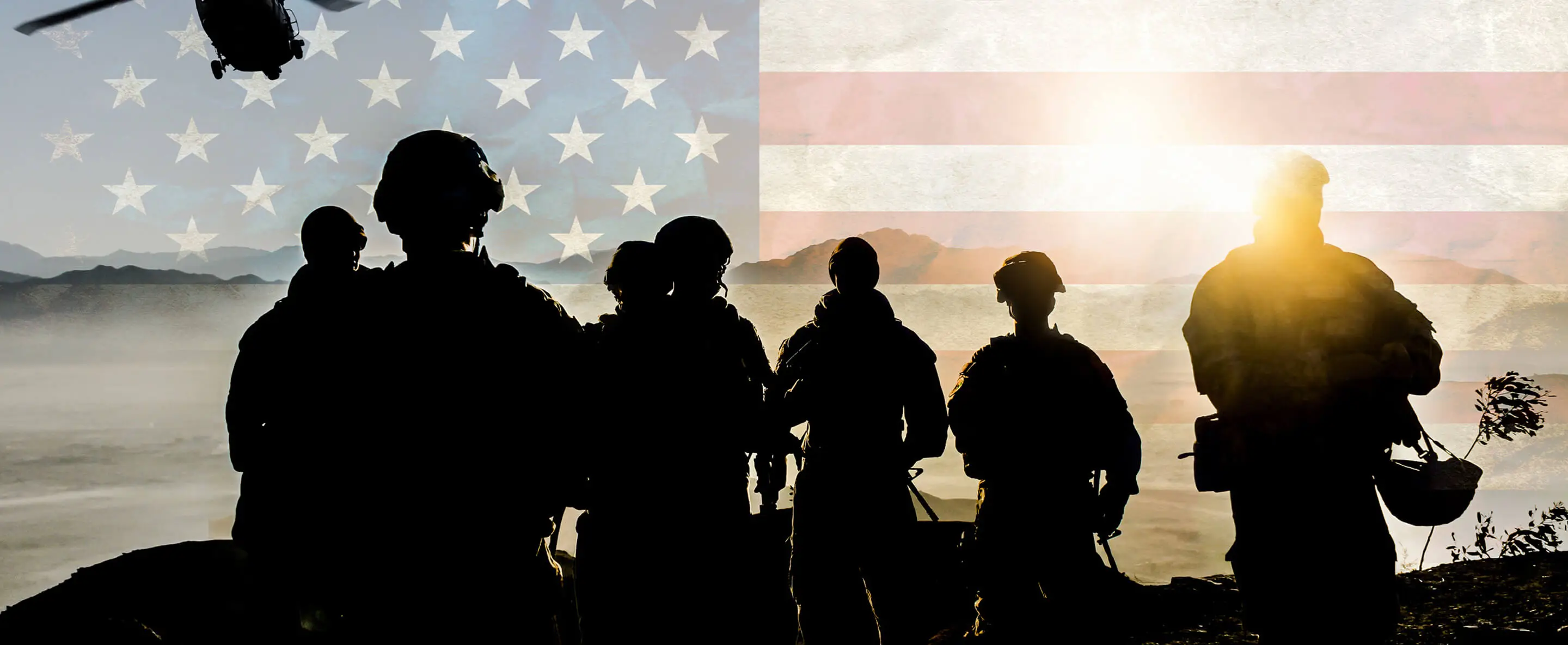 graphic of soldiers standing outside with an American flag and helicopter